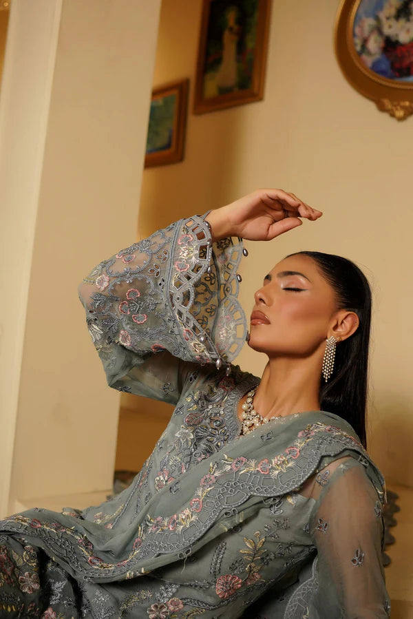 Grey Heavily Embroidered Chiffon Formal 3-Piece Suit Ready To Wear