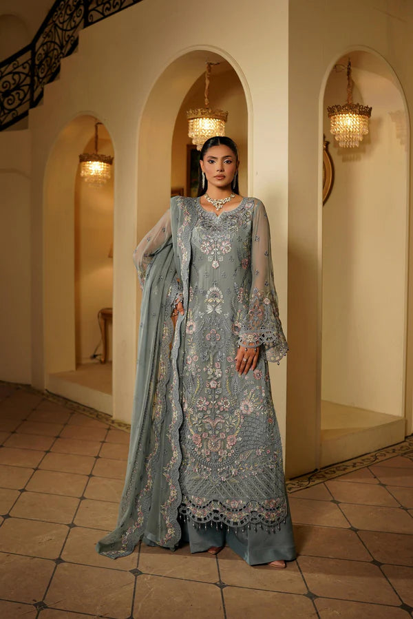 Grey Heavily Embroidered Chiffon Formal 3-Piece Suit Ready To Wear