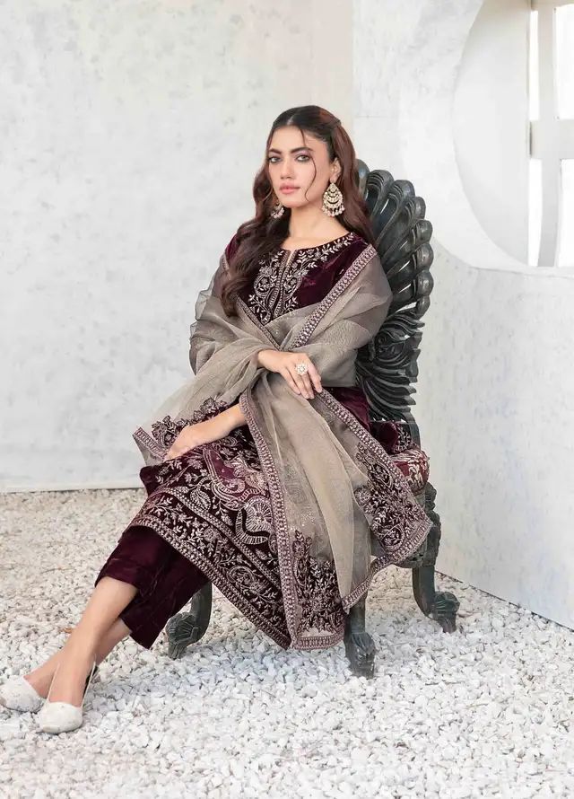 3 Piece Stitched Velvet Suit - Ready To Wear