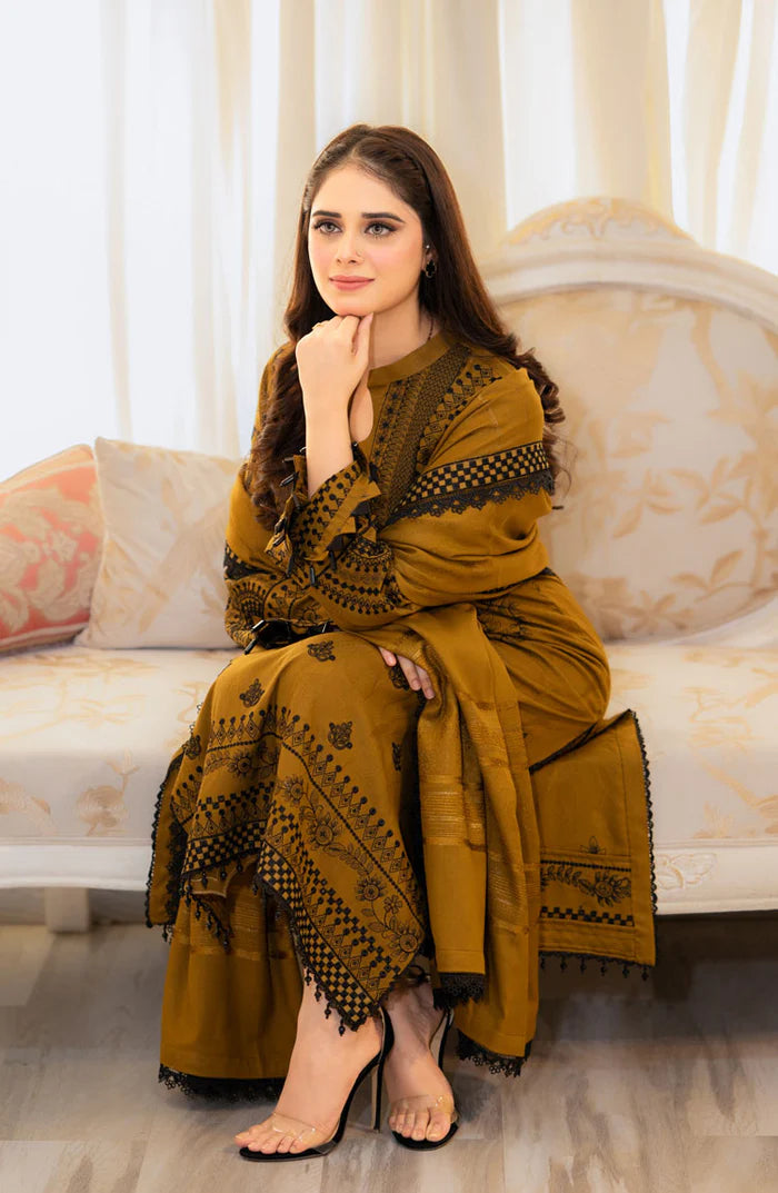 3 Piece Stitched Embroidered Dhanak Suit - Ready To Wear